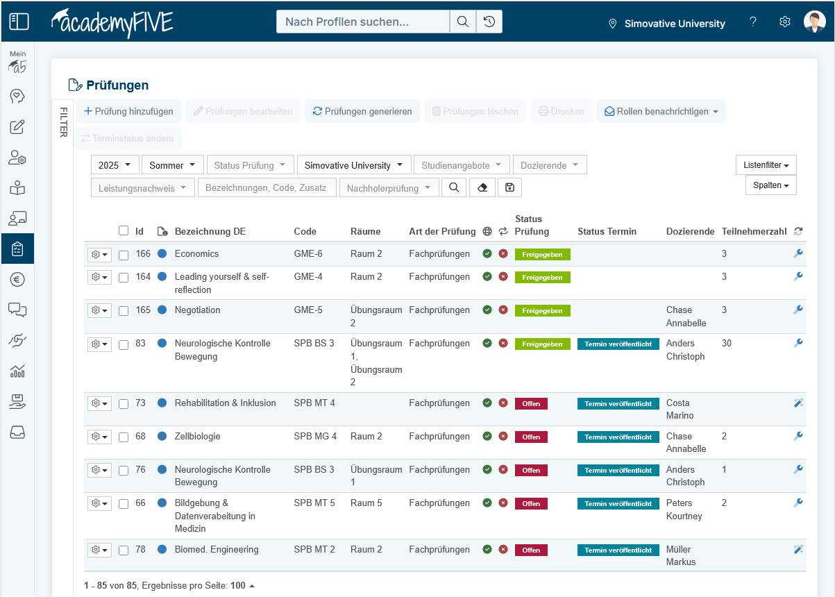 Ansicht der Prüfungsverwaltung Planung