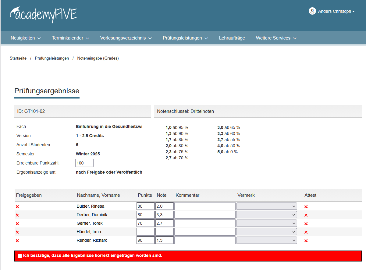 Noteneingabe Übersicht Programm