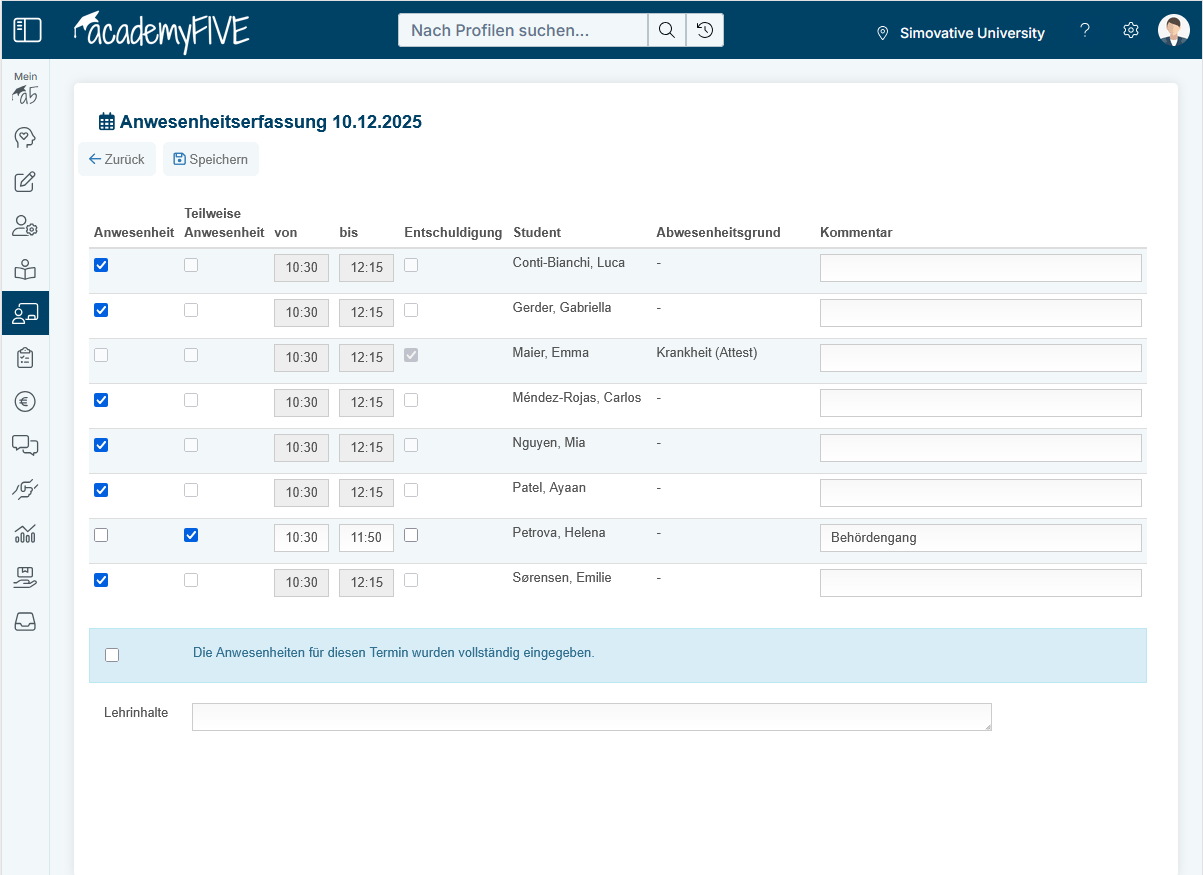 Übersicht academyFIVE Anwesenheiten