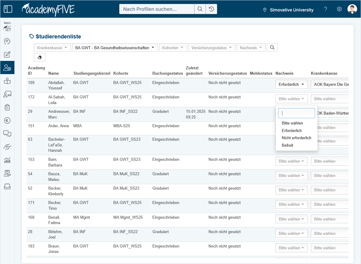 Studierendenliste mit Status und Optionen